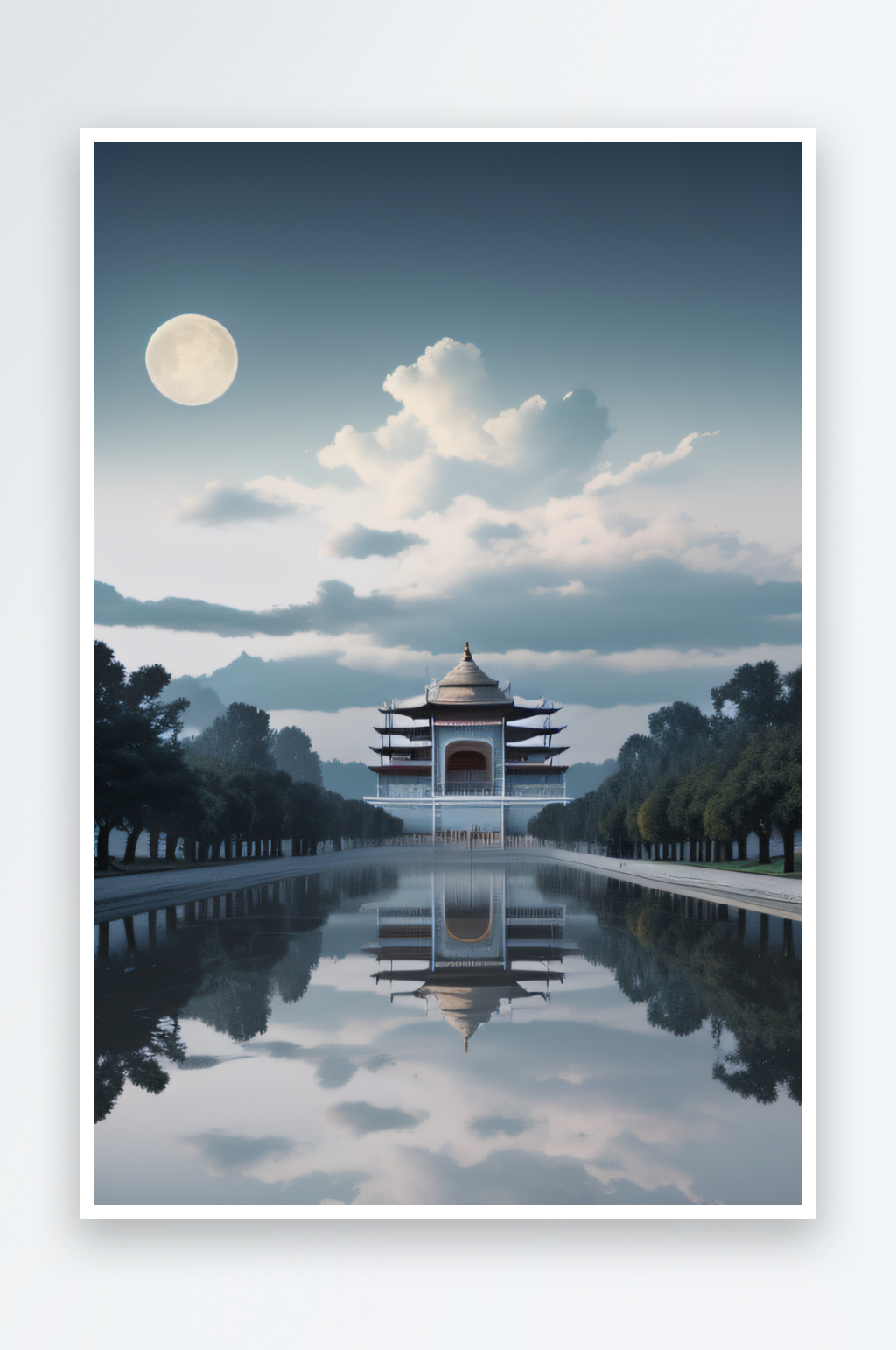 雾山远眺宏伟的中国宫殿与半圆月素材