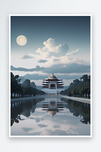 雾山远眺宏伟的中国宫殿与半圆月