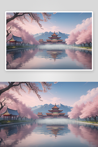 中国古宫美景桃花池中的浪漫画卷
