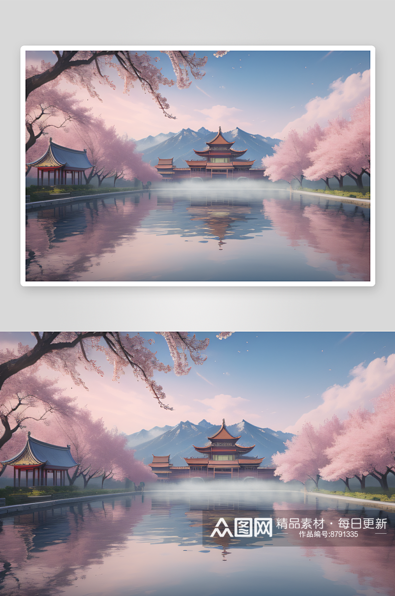 中国古宫美景桃花池中的浪漫画卷素材