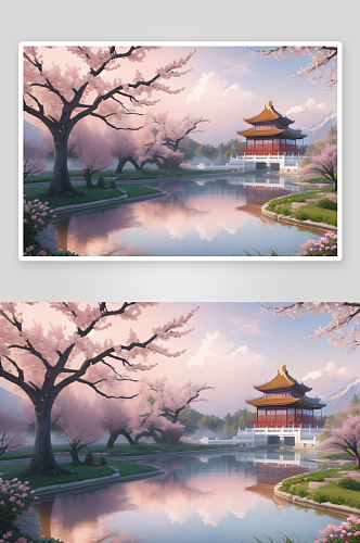 中国古宫美景桃花池中的浪漫画卷