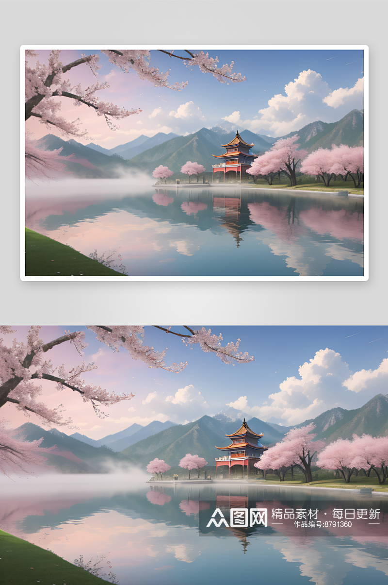 中国古宫美景桃花池中的浪漫画卷素材