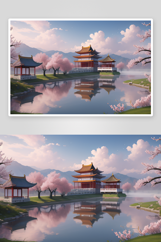 壮美的中国宫殿画卷桃花湖泽无边