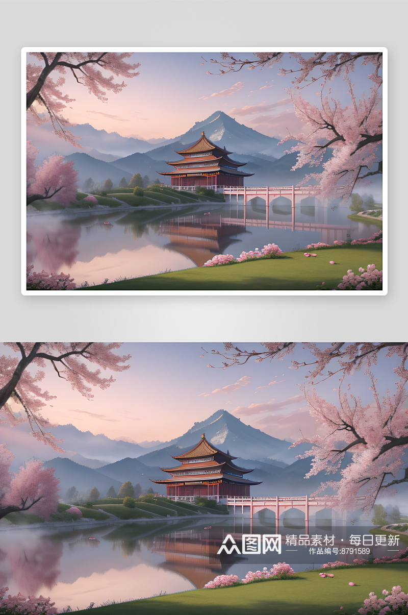 壮美的中国宫殿画卷桃花湖泽无边素材