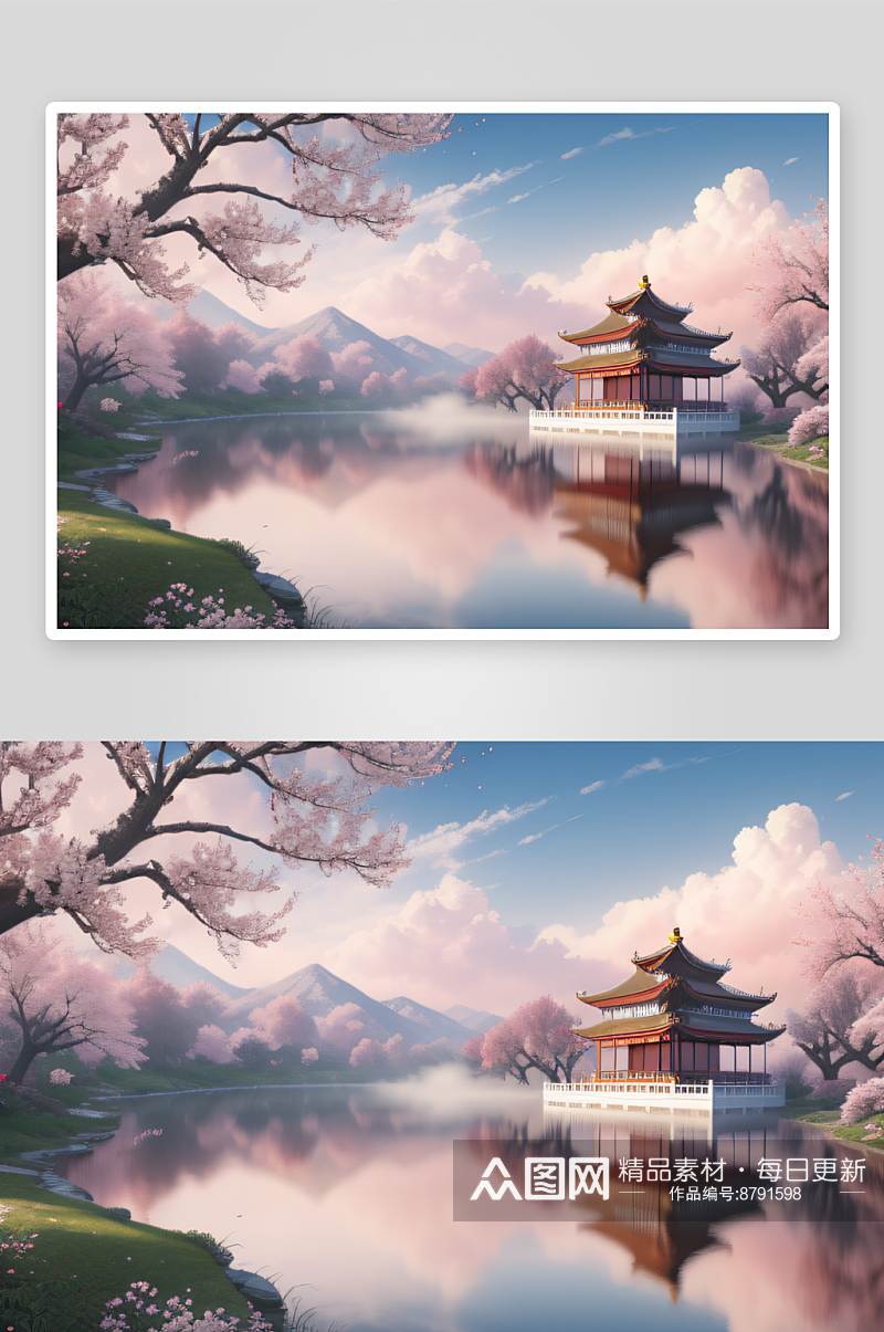 壮美的中国宫殿画卷桃花湖泽无边素材