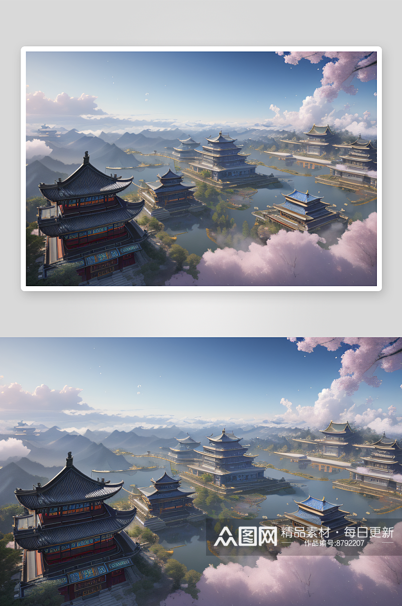 三座华美古宫殿漂浮于云端的奇观素材