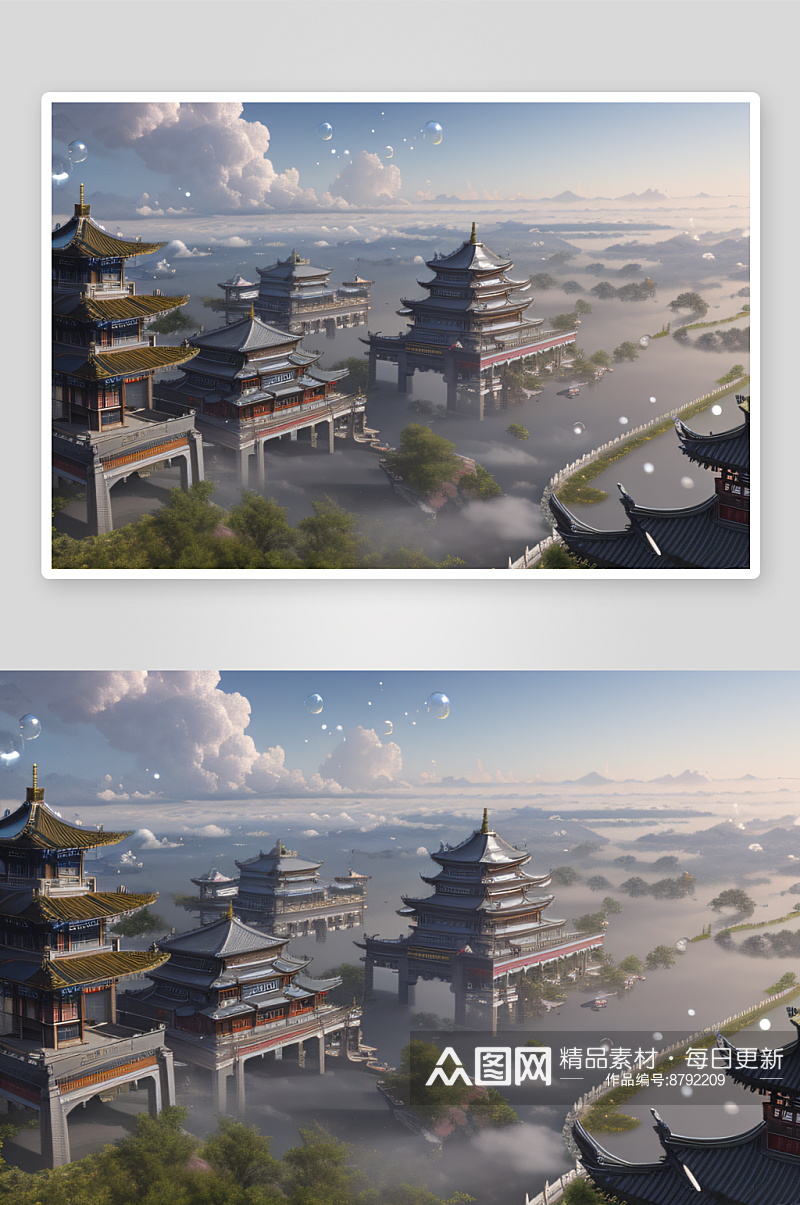 三座华美古宫殿漂浮于云端的奇观素材