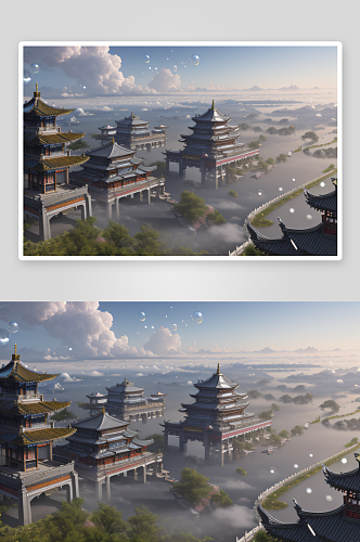 三座华美古宫殿漂浮于云端的奇观
