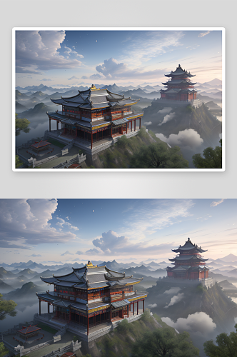 三座华美古宫殿漂浮于云端的奇观