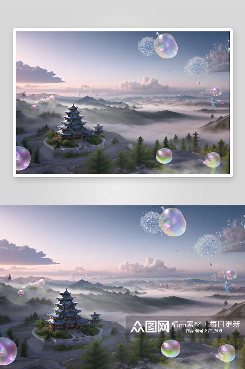银色古宫殿彩云气泡萦绕的梦幻风景素材