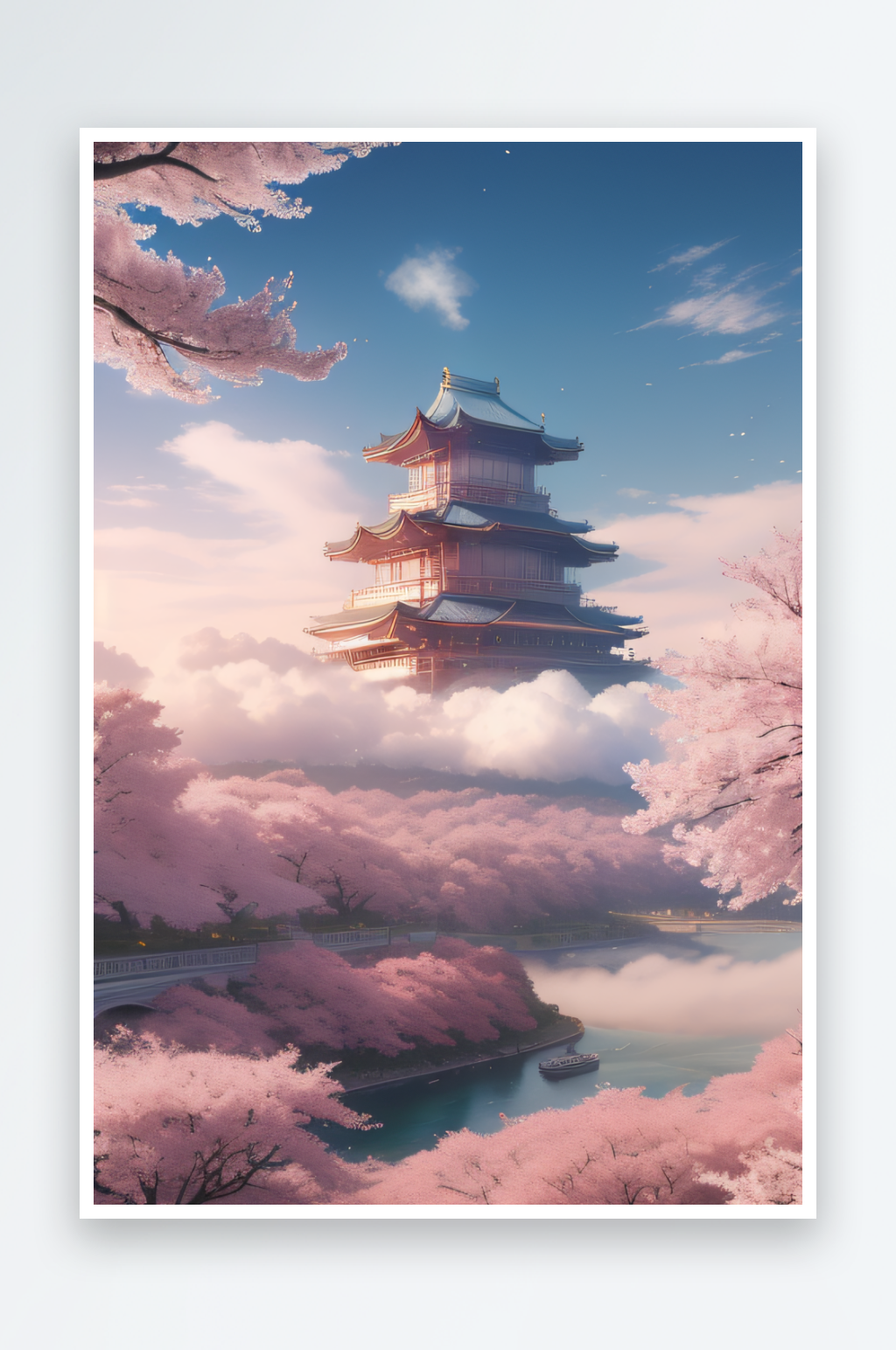 风中樱花云端宏伟宫殿素材