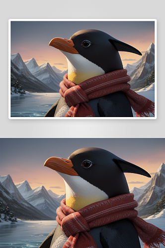 皮克斯风格戴红领巾的企鹅插画