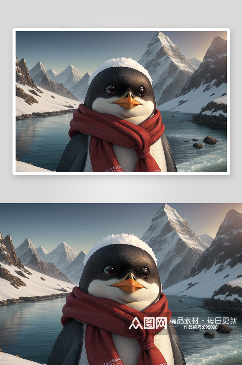 皮克斯风格戴红领巾的企鹅插画素材