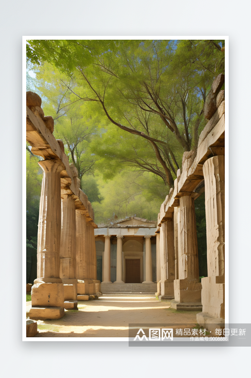 希腊风格宫殿与静谧森林梦幻交融素材