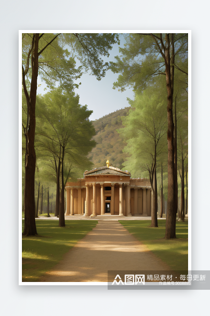 希腊风格宫殿与静谧森林梦幻交融素材