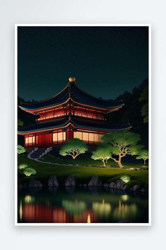 梦幻夜空下的中国古代宫殿壮丽景象