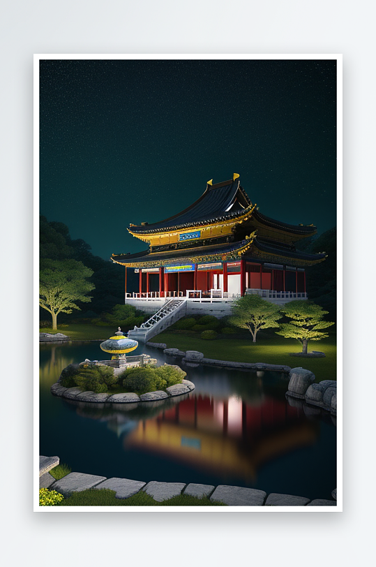 梦幻夜空下的中国古代宫殿壮丽景象