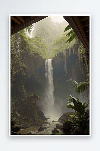 美丽庙宇内部眺望潘多拉丛林山脉瀑布