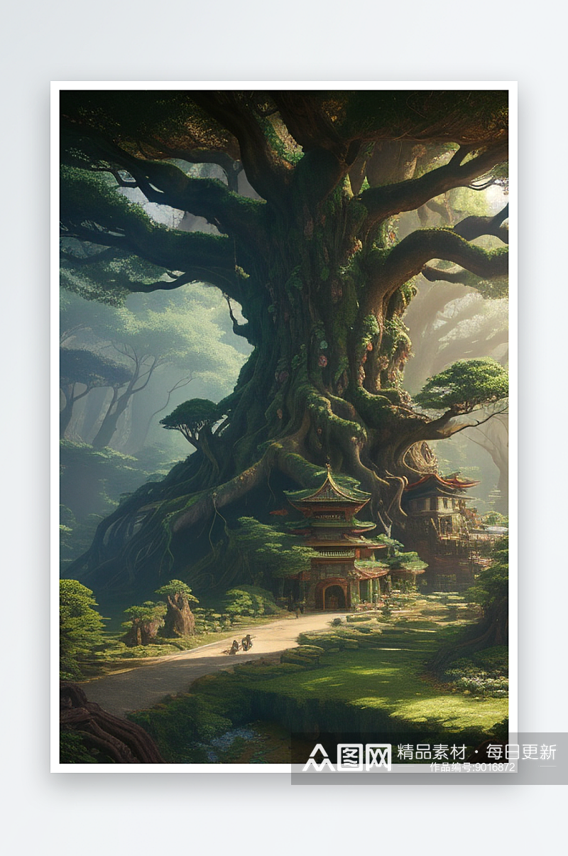 碧玉树阴巨树内的宏伟宫殿绘画素材