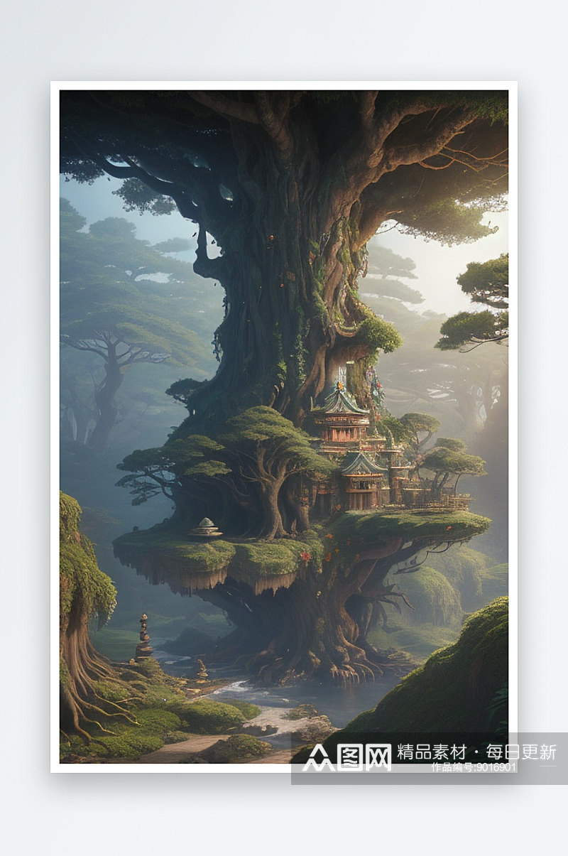 碧玉树阴巨树内的宏伟宫殿绘画素材