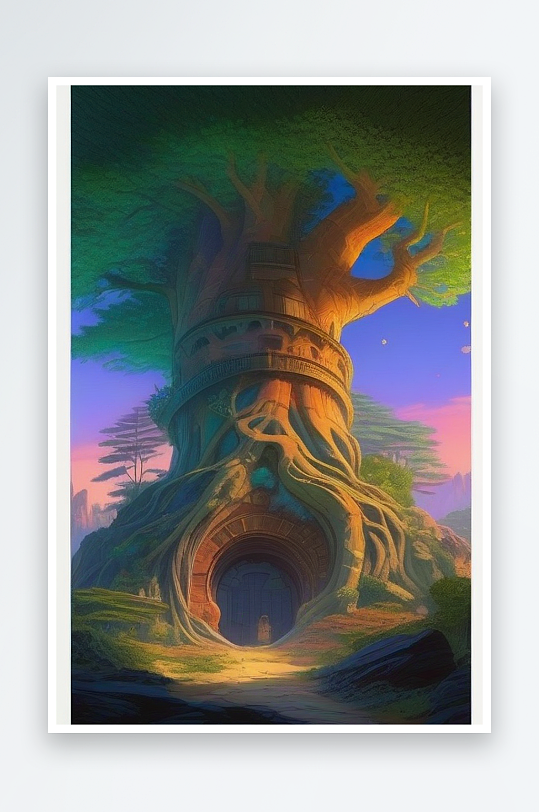 神秘之光古树巨根绕过岩石的宫殿
