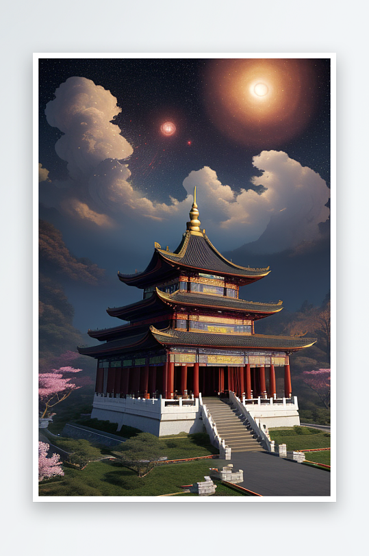 超高清描绘星空下的中国风宫殿