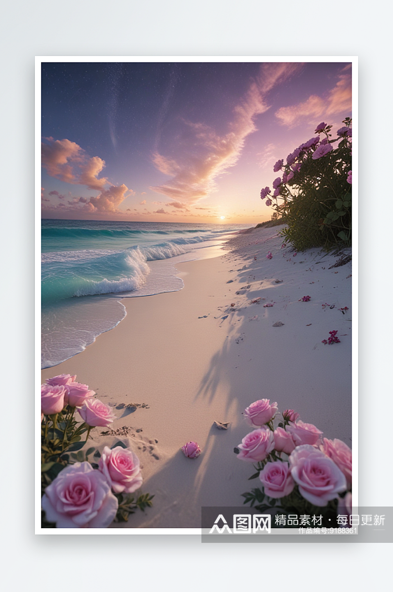粉色海滩上的玫瑰花素材