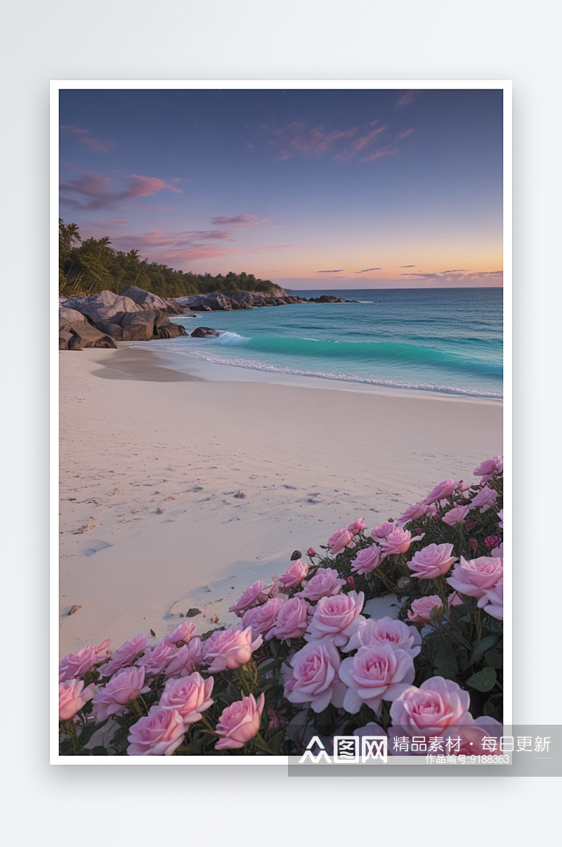 粉色海滩上的玫瑰花素材