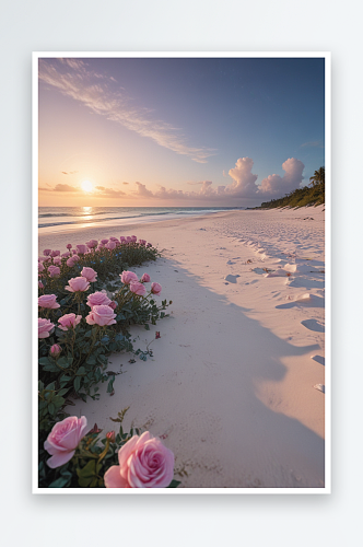 粉色海滩上的玫瑰花