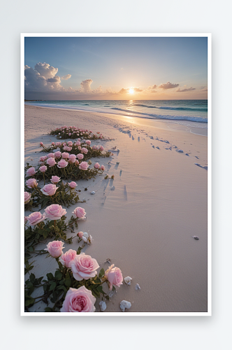 粉色海滩上的玫瑰花