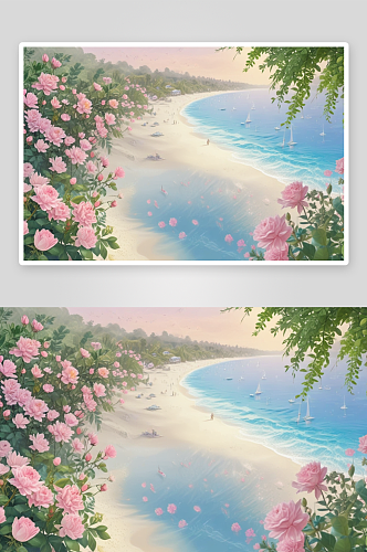 粉红玫瑰点缀的海滩