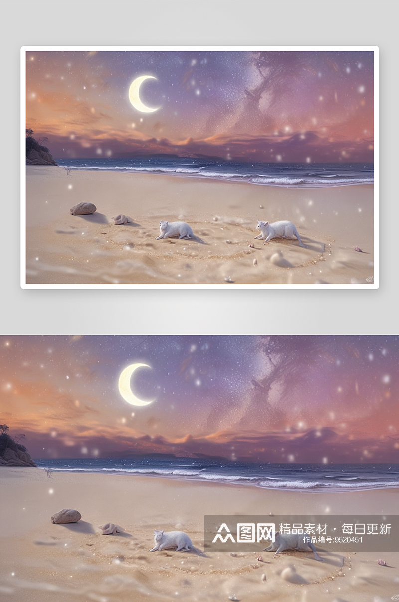 沙滩上的新月与星光之约素材