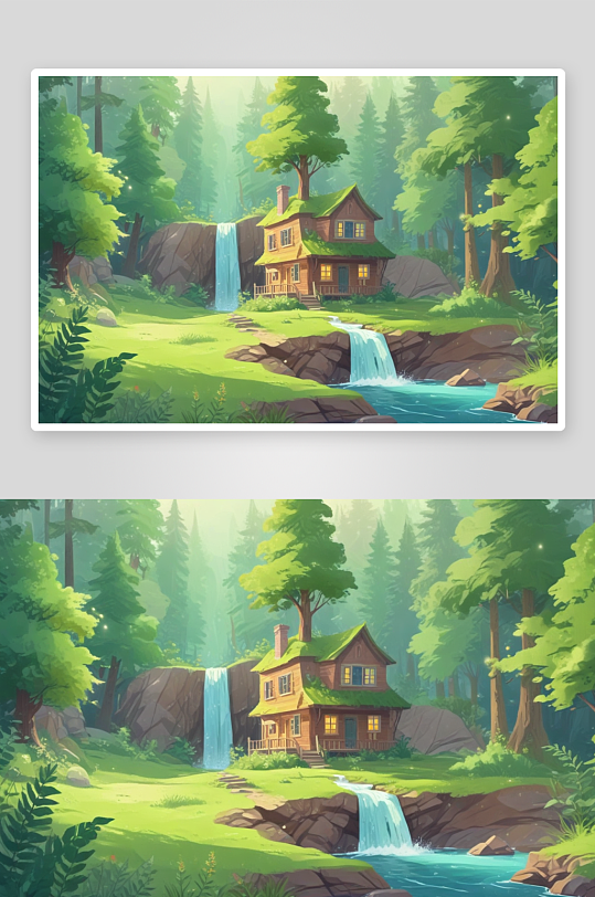 森林小屋靠近山峦瀑布