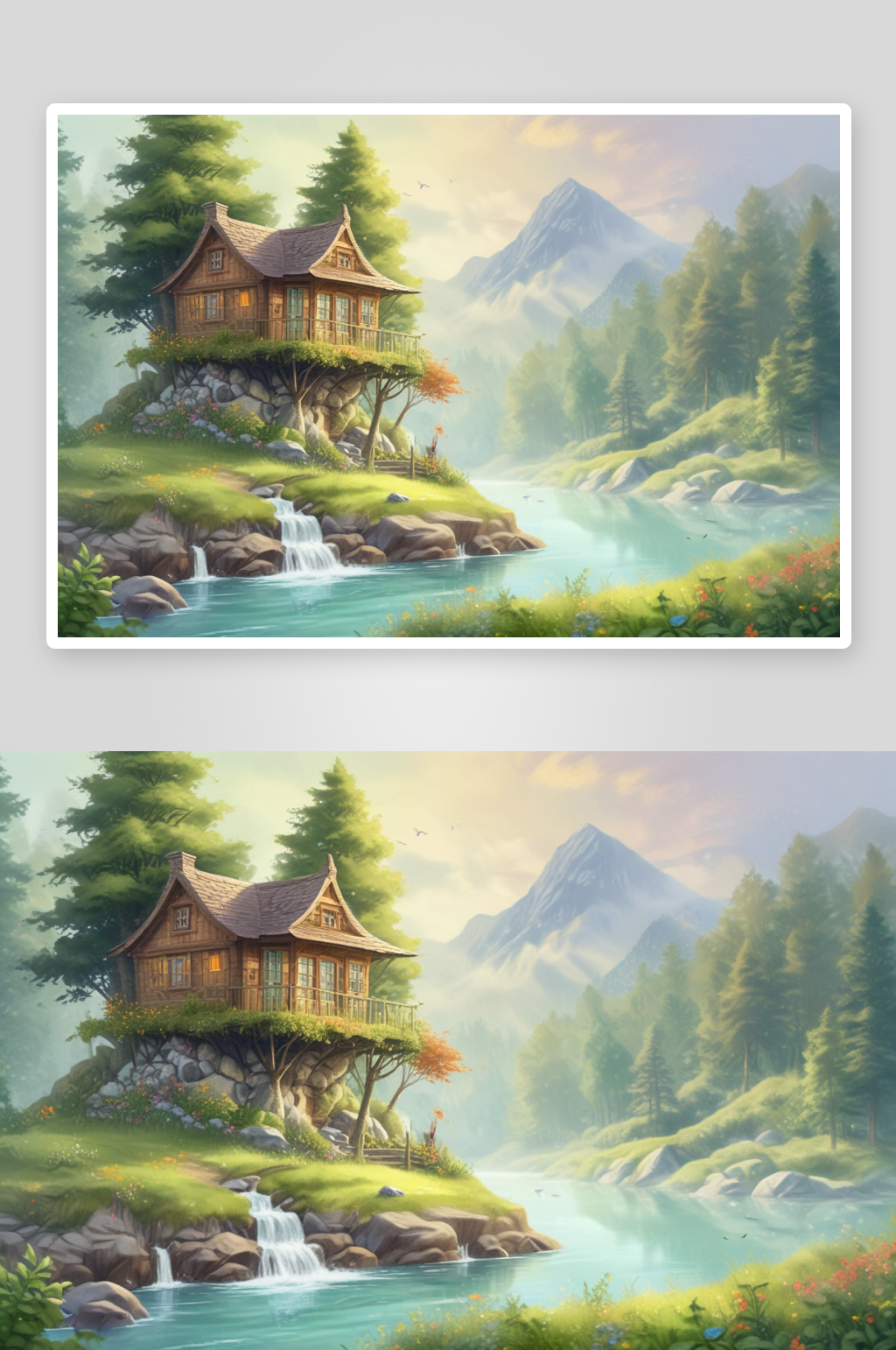 森林小屋与溪流山峦瀑布素材