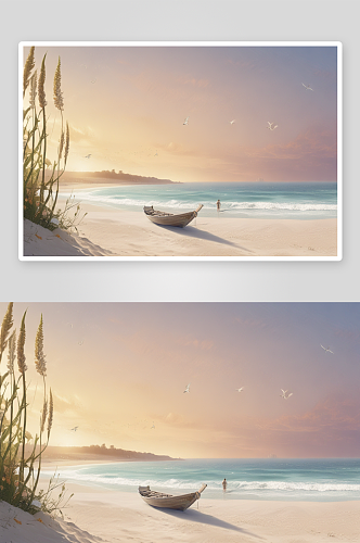 夕阳下的白色沙滩与远海交相辉映美丽如画