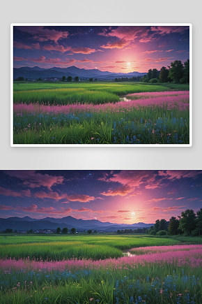 夜晚乡村田野的绝美画作素材下载-众图网