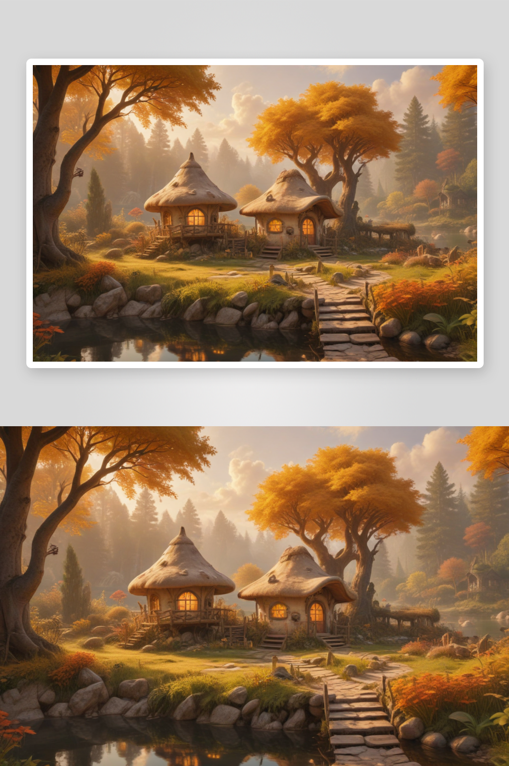 秋日花园中的蘑菇小屋与鸟儿素材