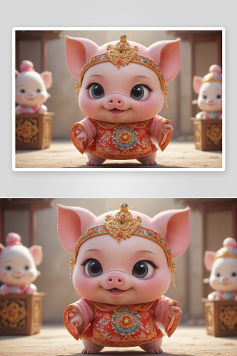 可爱小猪中国京剧服装下的戏剧之美