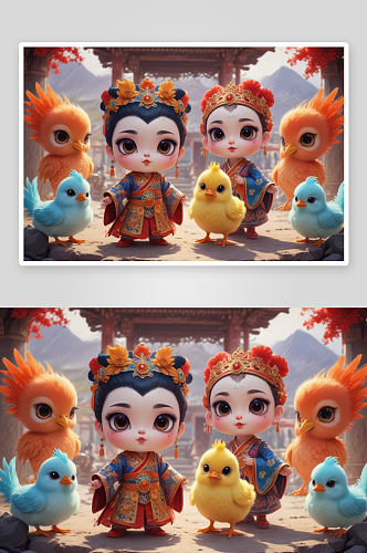 小鸡宝宝中国京剧服装下的华丽舞台