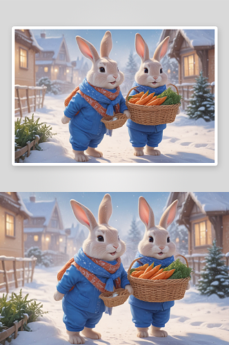 拟人化可爱的兔子田园风光下的欢乐角色