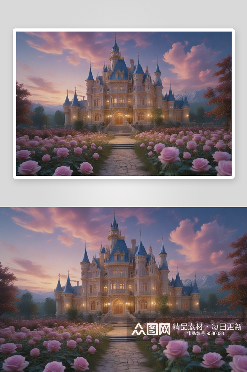 华丽玫瑰城堡梦幻般的仙境素材