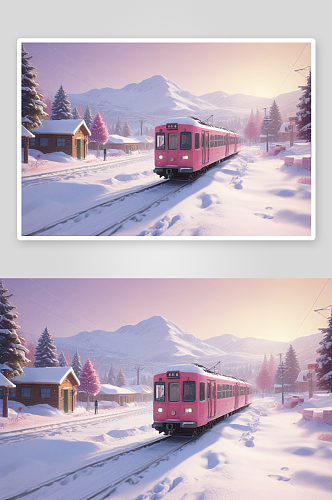 火车穿越冬天的雪景美景