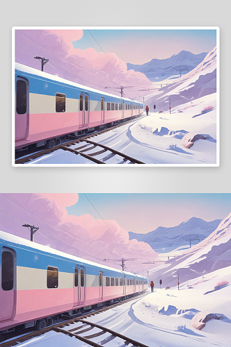火车穿越冬天的雪景美景