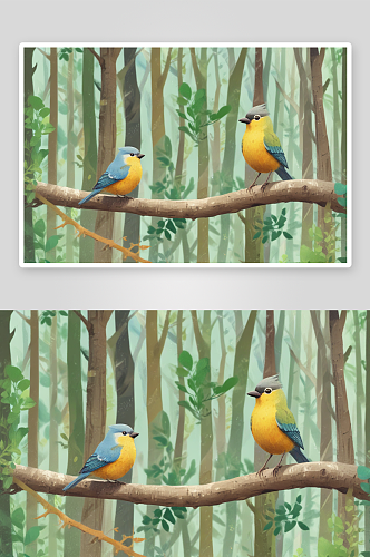 可爱的小鸟在森林中快乐歌唱