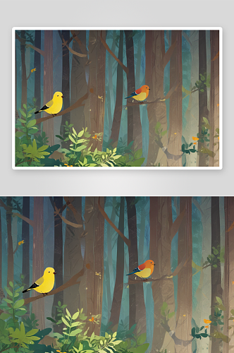 可爱的小鸟在森林中快乐歌唱