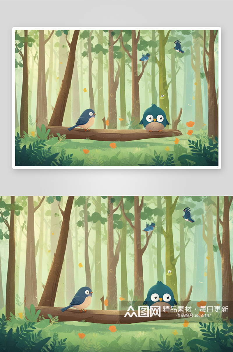 森林中鸟儿的婉转鸣唱插画素材