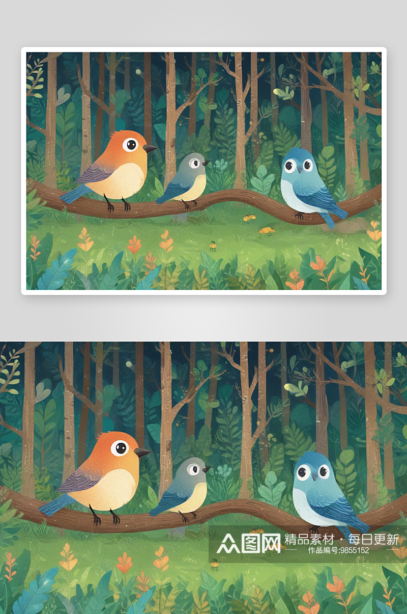 森林中鸟儿的婉转鸣唱插画素材
