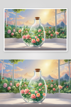 花园玫瑰世界的美丽玻璃瓶