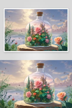 花园玫瑰世界的美丽玻璃瓶