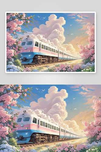 被淡粉色玫瑰包围的火车